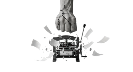 Powerful Cracked Fist Shattering Printing Press detailed illustration featuring information, disruption, oppression, revolution, machine, communication design
