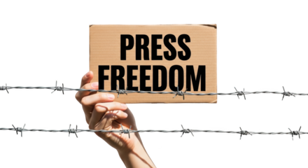 Press Freedom concept with hand and barbed wire detailed illustration featuring human, news, voice, journalist, dictatorship, oppression