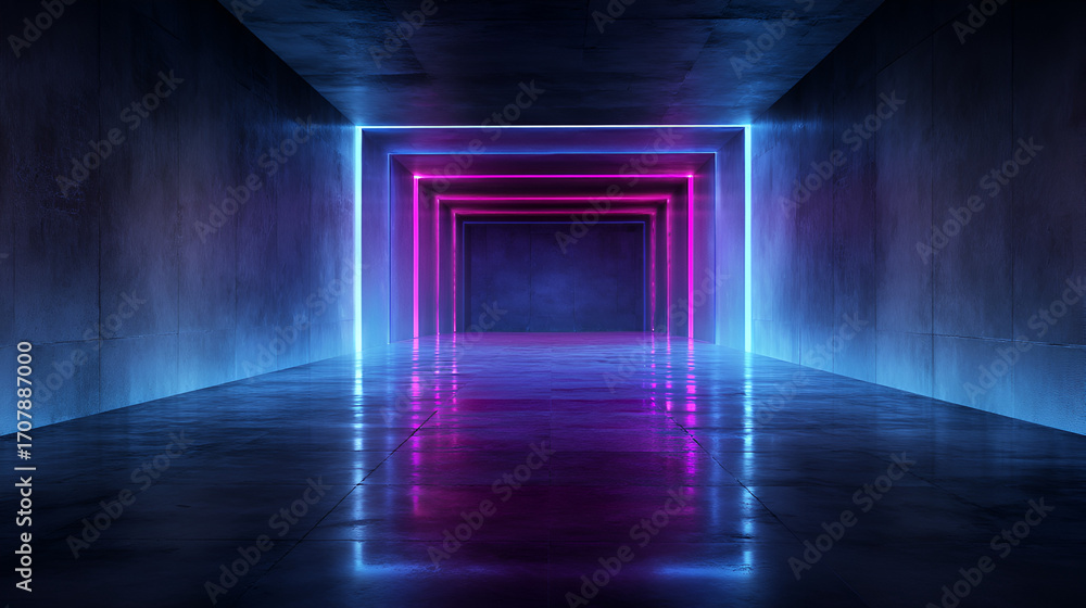 Poster a symmetrical concrete hallway with illuminated nested rectangular frames in pink and blue