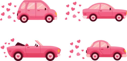 Fotobehang Auto Pink romantic cars with hearts – cute love vehicles vector set for Valentine’s Day or wedding design  © Hasem Creative