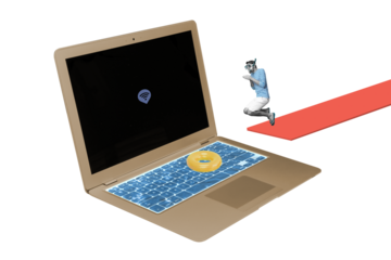 Creative image collage picture young man jump dive water pool laptop keyboard wifi connection internet digital gadget drawing background