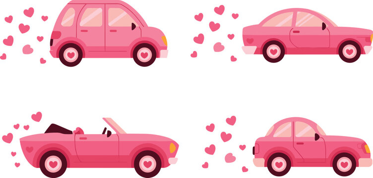 Pink romantic cars with hearts – cute love vehicles vector set for Valentine’s Day or wedding design