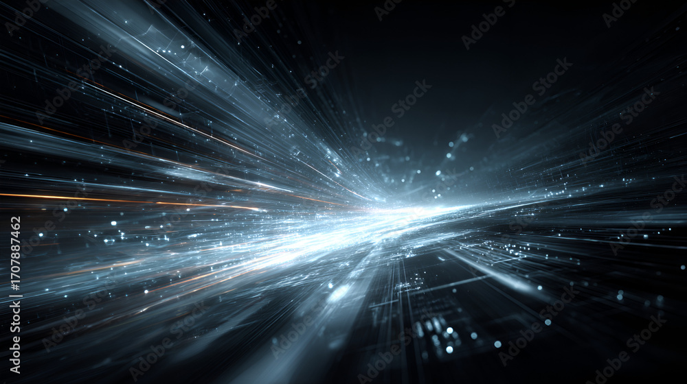 Poster digital light streams converge with pointillist dots in dark space