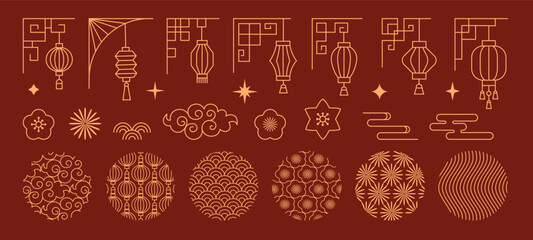 A set of Chinese New Year decorative elements in a gold line art style. Includes lanterns, clouds, flowers, and traditional Asian patterns for festive design.