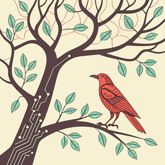 A stylized red bird perched on a branch of a dark brown tree with green leaves and a circuit board pattern on its trunk against a pale yellow background