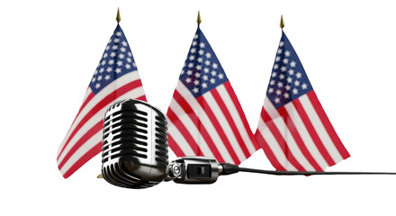 Retro Microphone in front of three American flags detailed illustration featuring States, politics, United, democracy, speak, debate