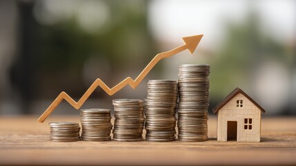 A stack of coins is on a table next to a house. The coins are arranged in a pyramid shape, with the top coin being the largest. Concept of financial growth and stability, as the coins represent wealth