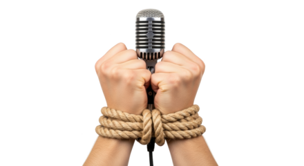 Silenced Voices Bound Hands and Microphone detailed illustration featuring injustice, protest, restricted, censorship, social