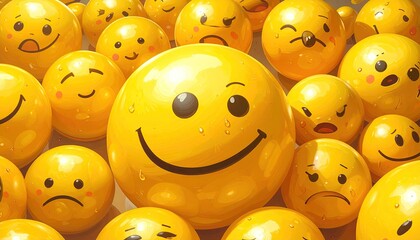 Various Yellow Emoji Balls Pile Featuring Happy Face in Center with Pixelated Texture and Expressive Expressions Cartoonish Style