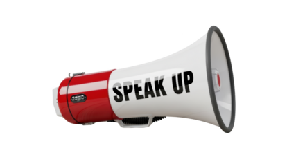 Speak Up Megaphone for Voice and Protest detailed illustration featuring address, expression, rights, message, symbol, white design