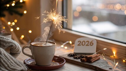 Warm hot cocoa and sparkling joy welcome the new year from a cozy window