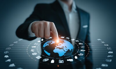 Businessman touching digital holographic globe interface with global icons, ideal for illustrating international business, networking, and technology concepts