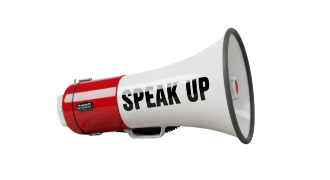 Speak Up Megaphone for Voice and Protest detailed illustration featuring address, expression, rights, message, symbol, white design