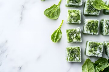Obraz premium Frozen Spinach Cubes on Marble Surface with Frost Crystals – Healthy Green Vegetable Concept