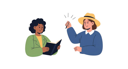 Two creative diverse women sharing ideas and inspiration detailed illustration featuring author, communicating, thinking, diverse, meeting, partnership