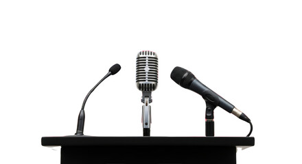 Two Microphones on a Podium detailed illustration featuring technology, discussion, audio equipment, lectern, sound system,