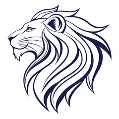 Majestic lion head profile in a stylized dark blue outline against a clean white background representing strength and power