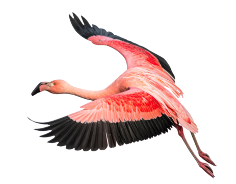 Flying Flamingo with Outstretched Wings, Dynamic Mid-Air Pose, Isolated PNG