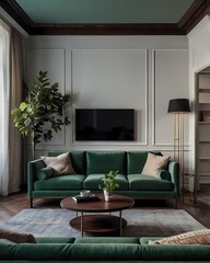 Cinematic interior shot of a residential living room, classic minimalist style, desaturated sky-green sofa, vintage yet modern furniture, dark wood floor, white walls and ceiling, carpet, large TV