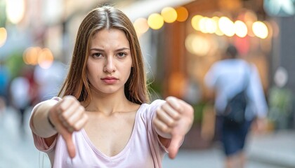 Woman with Thumbs Down isolated transparent background backgroundless, expressing disapproval