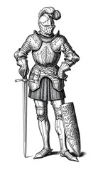 Obraz premium A detailed illustration of a medieval warrior in full plate armor, holding a sword and shield, symbolizing strength and readiness.