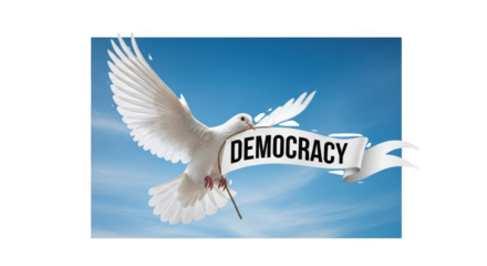 White Dove Flying with Democracy Banner in Blue Sky detailed illustration featuring flight, representation, world, vote, law,