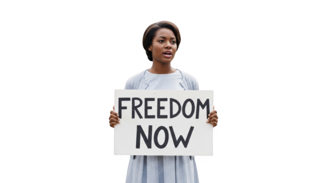 Woman Holding Freedom Now Sign Protest Civil Rights detailed illustration featuring african american, strength,