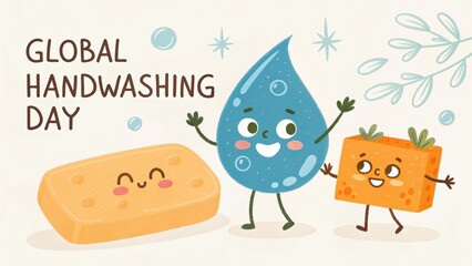 Cute cartoon water drop and soap celebrating global handwashing day
