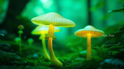 Fototapeta premium Glowing Mushrooms in Enchanted Forest Nature Fantasy Green Glow