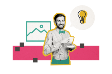 Composite photo collage of happy guy hold coffee cup make pause light bulb idea concept image editor content isolated on painted background