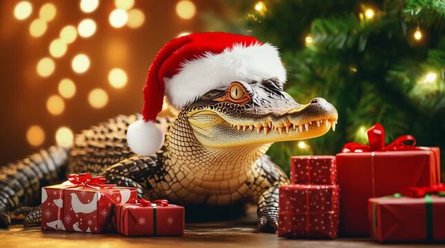 Playful crocodile in festive setting with Christmas tree and gifts, perfect for holiday greetings, seasonal marketing and joyful winter projects.