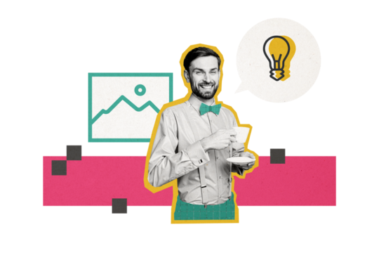 Composite photo collage of happy guy hold coffee cup make pause light bulb idea concept image editor content isolated on painted background