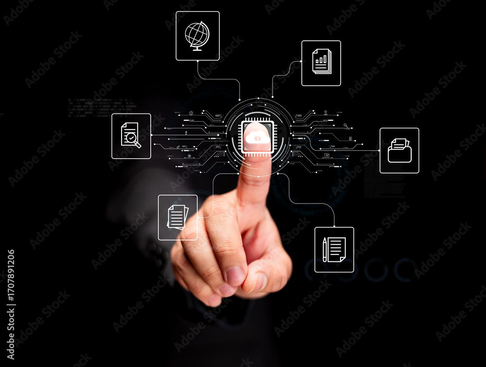 Poster a hand interacts with digital icons representing technology, data, and cybersecurity, emphasizing co