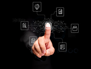 A hand interacts with digital icons representing technology, data, and cybersecurity, emphasizing connectivity and modern communication.