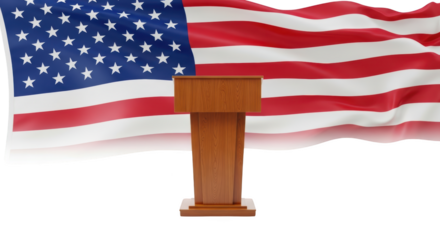 Wooden Podium in front of Waving American Flag detailed illustration featuring object, republic, conference, patriotism, textile,