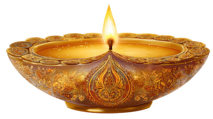 Intricately Carved Golden Diwali Oil Lamp with Warm Glowing Flame for Festive Celebration and Spiritual Decoration isolated on white background