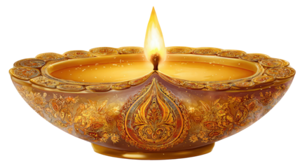 Intricately Carved Golden Diwali Oil Lamp with Warm Glowing Flame for Festive Celebration and Spiritual Decoration isolated on white background