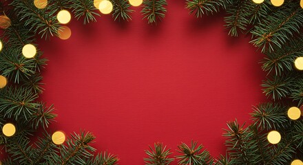Festive christmas wreath with warm bokeh lights framing a vibrant red background for copy space