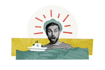 Composite photo collage of astonished sailor guy wear striped uniform vessel ship voyage summer...