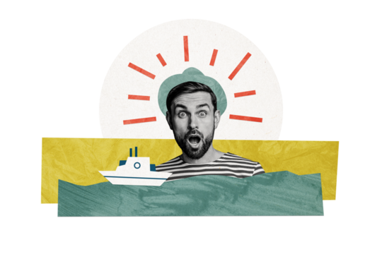 Composite photo collage of astonished sailor guy wear striped uniform vessel ship voyage summer adventure isolated on painted background