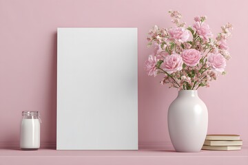Fototapeta premium Pink flowers in vase with milk jar and books white vase