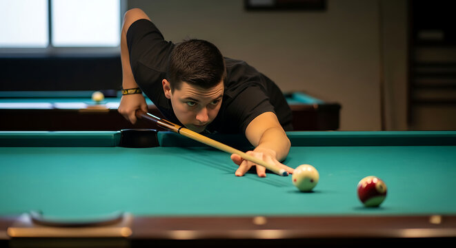 Man playing pool, aiming to hit the cue ball with a pool stick