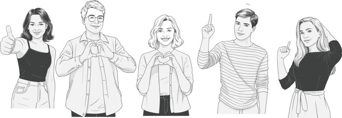 Vector illustration of diverse young people showing positive gestures like thumbs up, heart hands, and pointing, representing happiness, agreement, and social support
