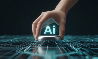 Human hand pressing futuristic glowing AI button over digital circuit board, ideal for illustrating artificial intelligence technology and innovation concepts