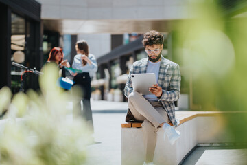 A stylish individual interacts with their tablet on a sunny day, embodying productivity and urban living ambiance while seated in a buzzing commercial framework.
