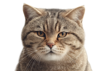 Portrait of a cute fluffy tabby cat with whiskers and bright eyes, cut out