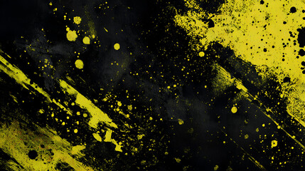 Black background with bold yellow brushstrokes and splatters creating an abstract design