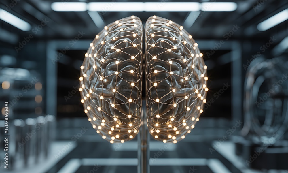 Poster futuristic 3d brain model with illuminated neural network connections, ideal for illustrating artifi