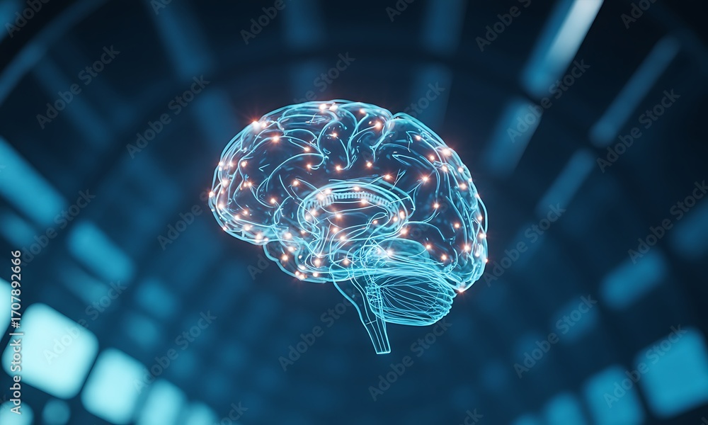 Poster futuristic 3d rendering of human brain with neural network connections, ideal for illustrating artif