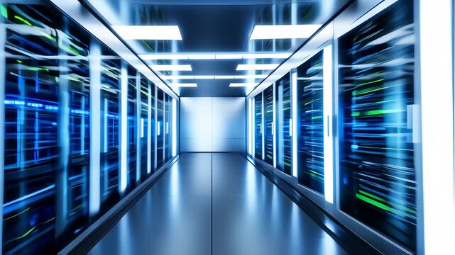 Modern server room illuminated by vibrant blue and white lights.  Rows of glass-fronted server racks extend through a spacious corridor